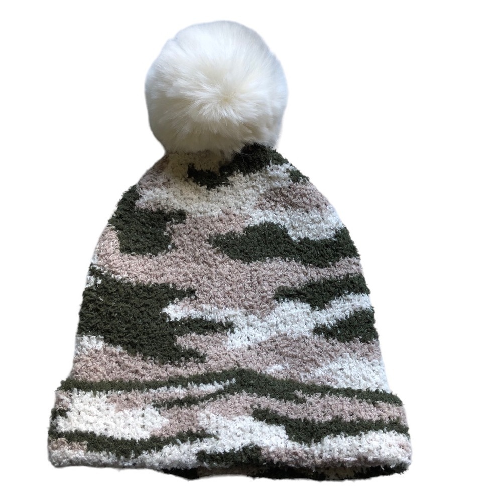 Jenni Faux Fur Green Camo Pom Pom Beanie One Size NWT